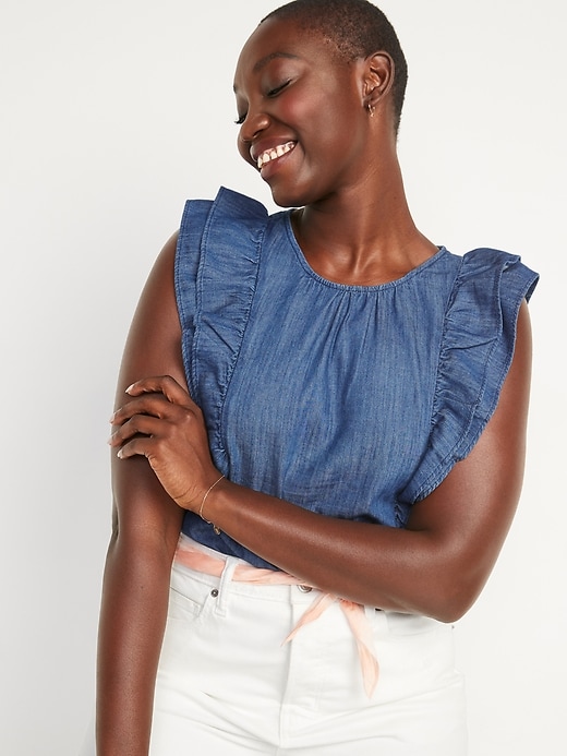 Image number 1 showing, Sleeveless Ruffled Jean Top