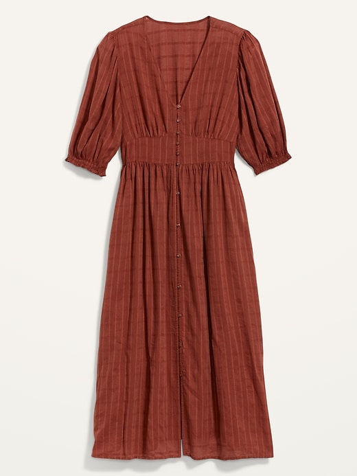 View large product image 2 of 2. Fit and Flare Puff-Sleeve Dobby Midi Dress