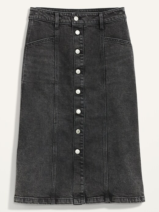 Image number 4 showing, High-Waisted Button-Front Black Jean Midi Skirt for Women