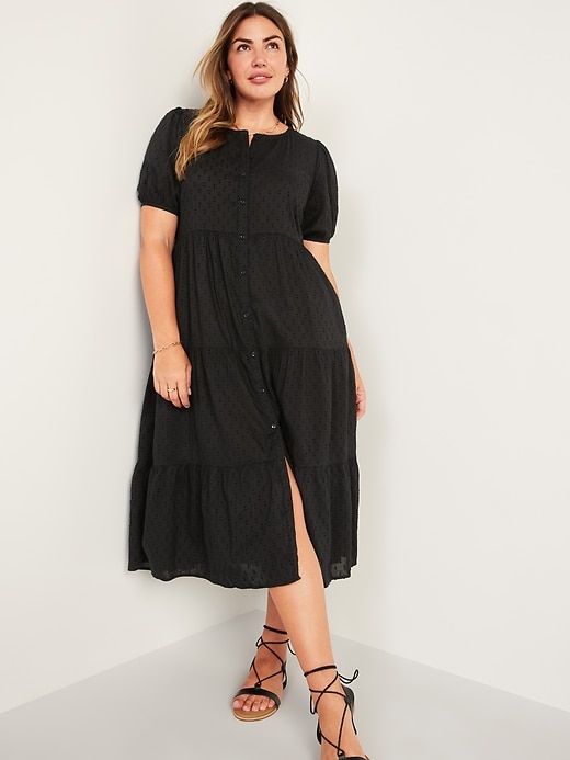 Image number 1 showing, Puff-Sleeve Clip-Dot Button-Front Midi Swing Dress