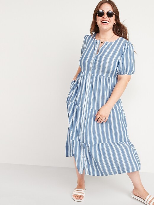 Image number 7 showing, Puff-Sleeve Tiered Striped Midi Swing Dress