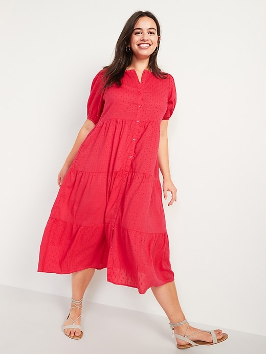 Image number 1 showing, Puff-Sleeve Clip-Dot Button-Front Midi Swing Dress