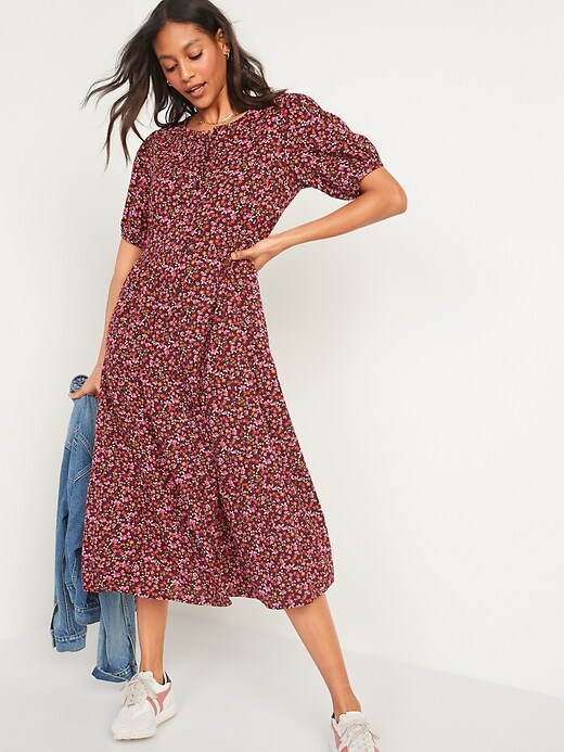 Image number 5 showing, Floral Puff-Sleeve Button-Front Midi Swing Dress for Women