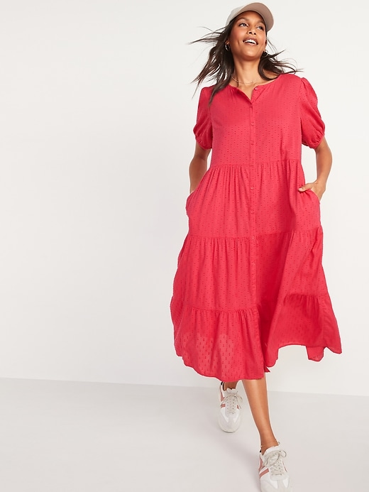 Image number 5 showing, Puff-Sleeve Clip-Dot Button-Front Midi Swing Dress