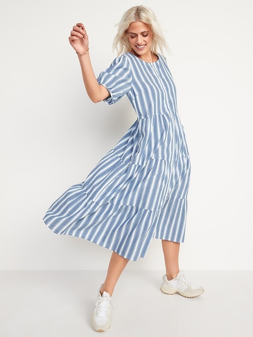 Image number 5 showing, Puff-Sleeve Tiered Striped Midi Swing Dress