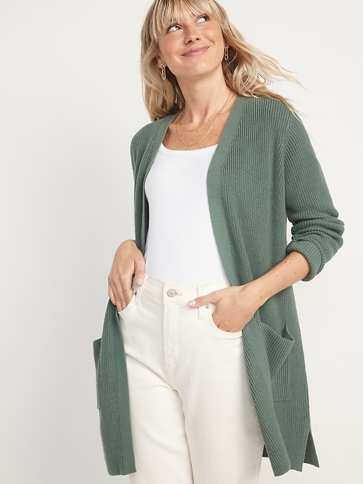 Image number 1 showing, Shaker-Stitch Long-Line Open-Front Sweater for Women