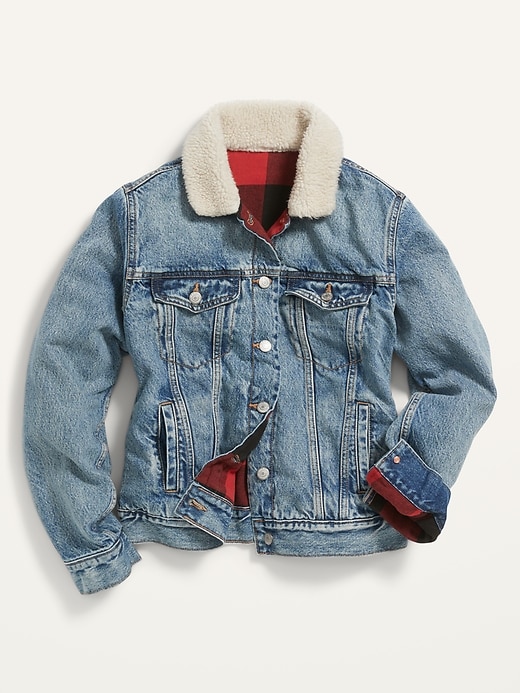 Image number 4 showing, Flannel-Lined Sherpa-Trim Jean Jacket for Women