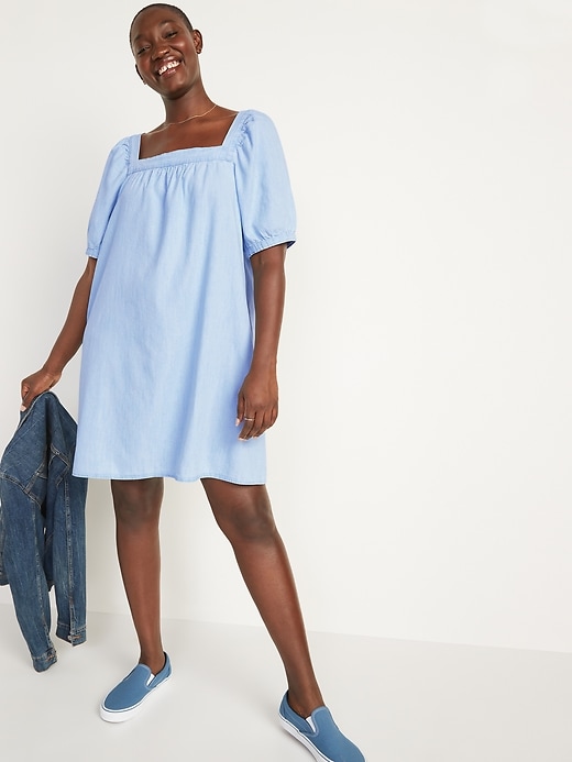 Image number 1 showing, Puff-Sleeve Light-Wash Jean Mini Swing Dress for Women