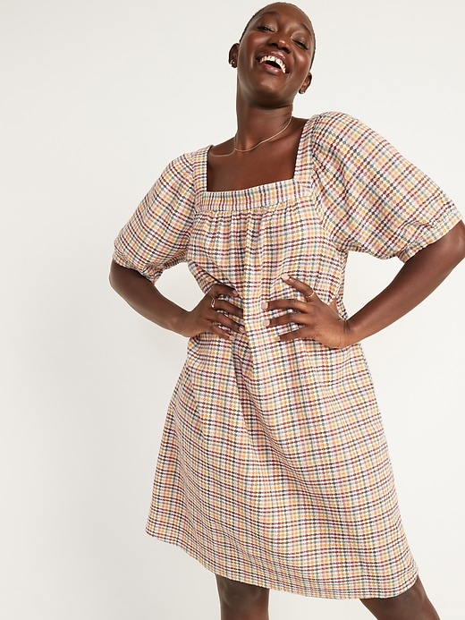 Image number 1 showing, Textured Dobby-Gingham Puff-Sleeve Swing Dress