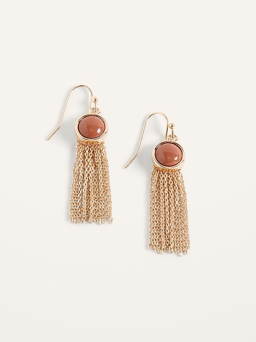 View large product image 1 of 1. Gold-Toned Bead Tassel Chain Drop Earrings For Women