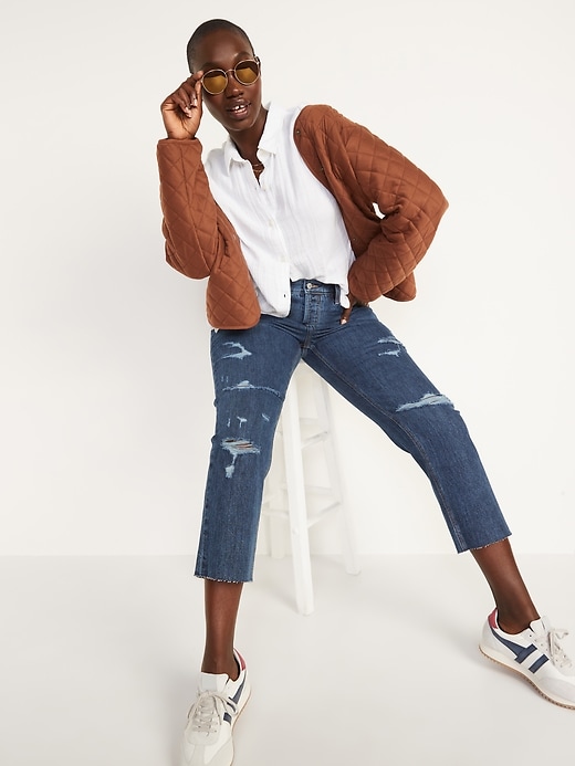 Image number 3 showing, High-Waisted Button-Fly Slouchy Straight Cropped Non-Stretch Jeans