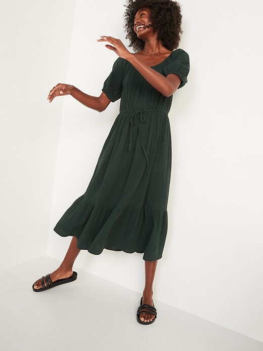 Image number 4 showing, Puff-Sleeve Scoop-Neck Waist-Defined Midi Dress