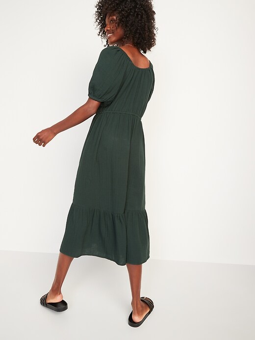 Image number 5 showing, Puff-Sleeve Scoop-Neck Waist-Defined Midi Dress