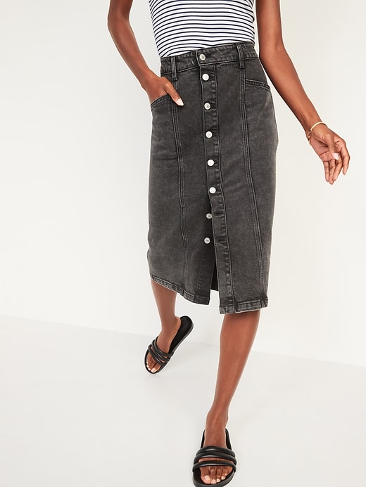 Image number 5 showing, High-Waisted Button-Front Black Jean Midi Skirt for Women