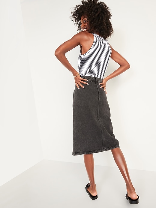 Image number 6 showing, High-Waisted Button-Front Black Jean Midi Skirt for Women