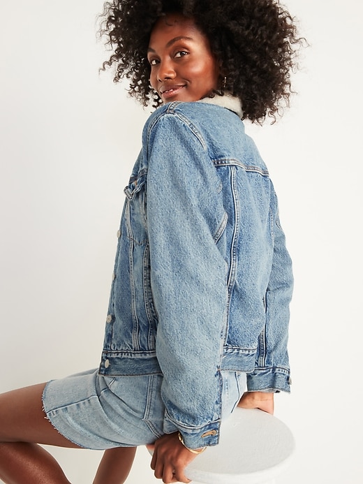 Image number 2 showing, Flannel-Lined Sherpa-Trim Jean Jacket for Women
