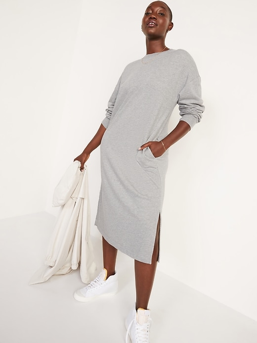 Image number 1 showing, French-Terry Sweatshirt Midi Shift Dress