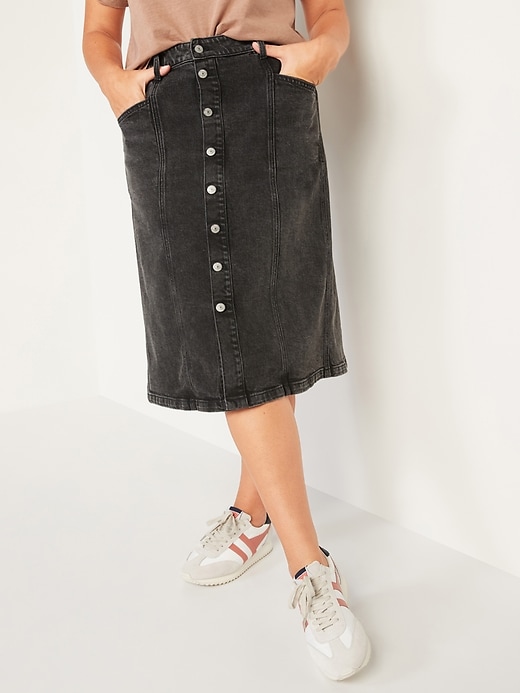 Image number 1 showing, High-Waisted Button-Front Black Jean Midi Skirt for Women