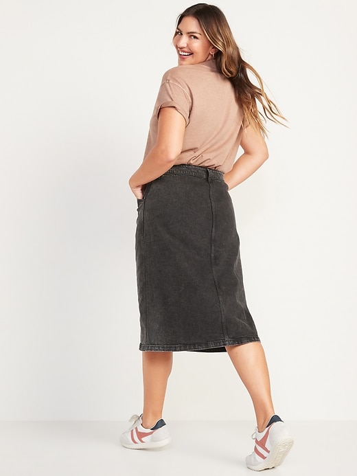 Image number 2 showing, High-Waisted Button-Front Black Jean Midi Skirt for Women