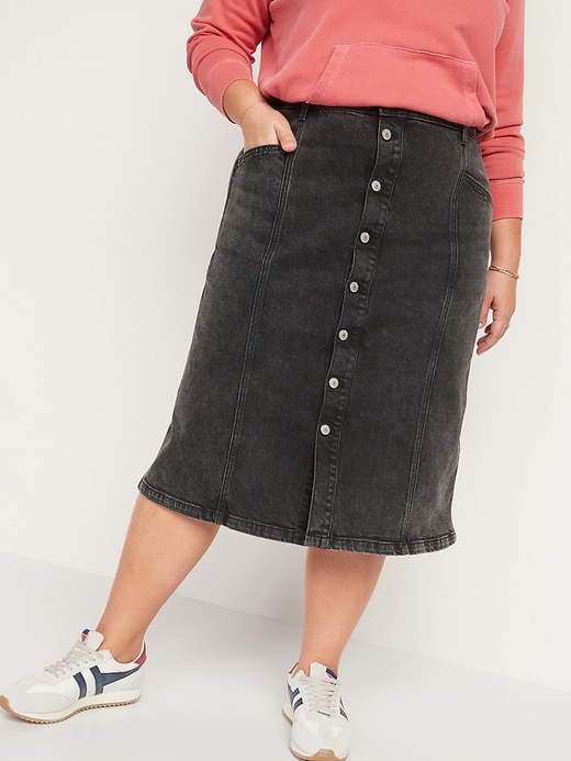 Image number 7 showing, High-Waisted Button-Front Black Jean Midi Skirt for Women
