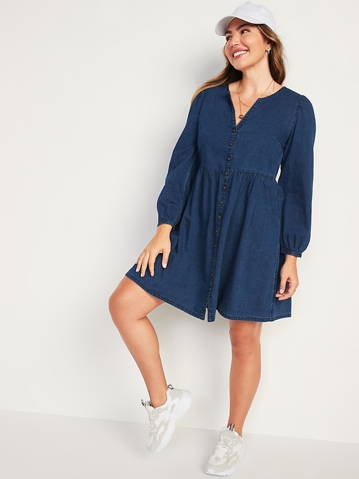 Image number 1 showing, Long-Sleeve Fit & Flare Jean Mini Dress for Women