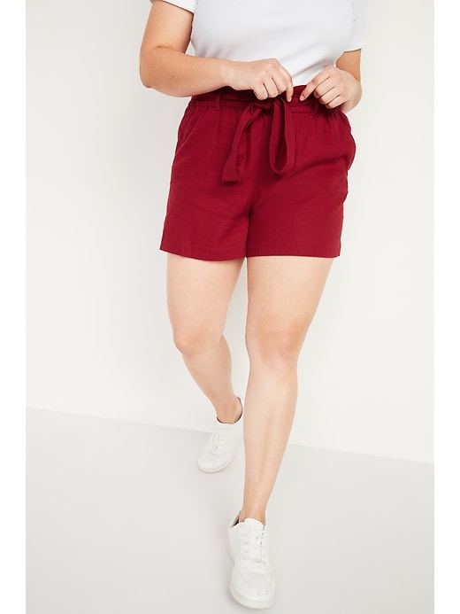 Image number 1 showing, High-Waisted Tie-Belt Linen-Blend Shorts for Women -- 4-inch inseam