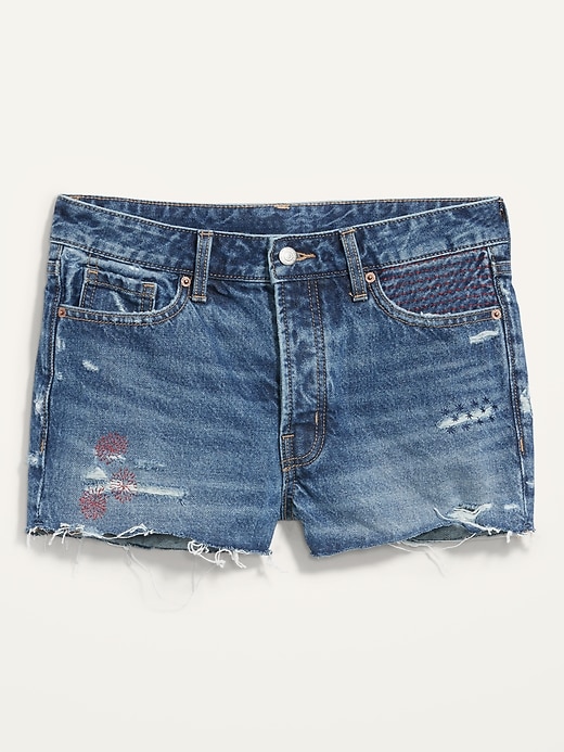 Image number 4 showing, High-Waisted O.G. Embroidered Button-Fly Cut-Off Jean Shorts -- 1.5-inch inseam