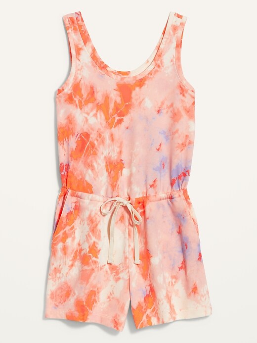 View large product image 2 of 3. Waist-Defined Sleeveless Tie-Dye French-Terry Romper -- 4-inch inseam