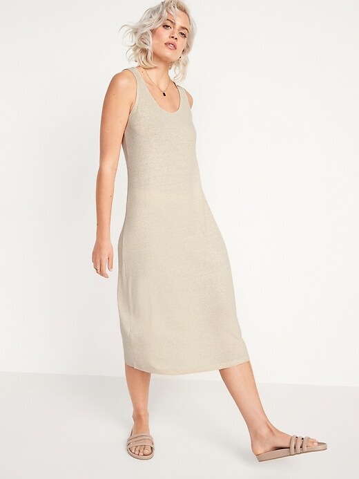 Image number 4 showing, Sleeveless Rib-Knit Linen-Blend Midi Shift Dress
