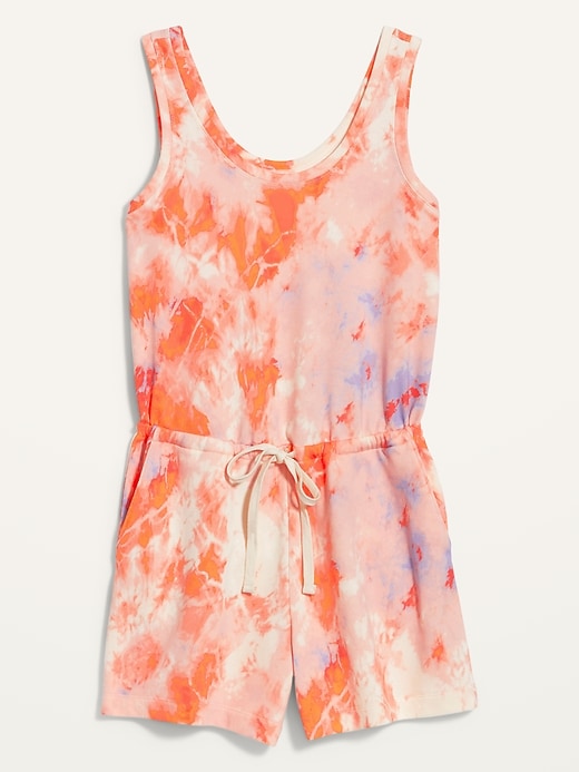 View large product image 1 of 3. Waist-Defined Sleeveless Tie-Dye French-Terry Romper -- 4-inch inseam