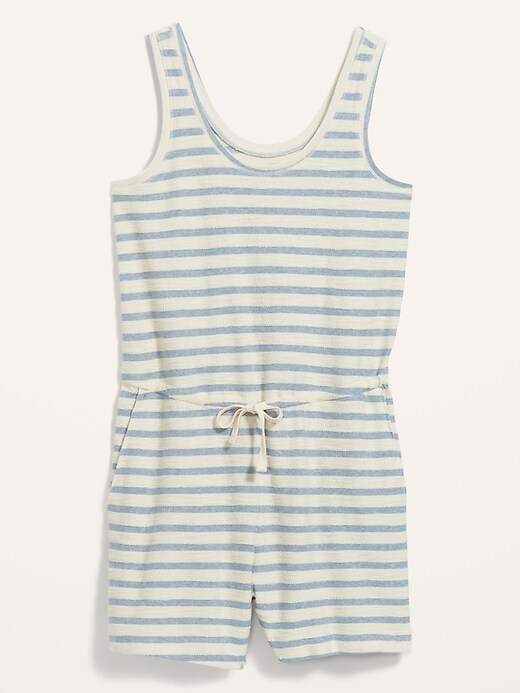 Image number 1 showing, Waist-Defined Sleeveless Striped Terry Beach Romper -- 4-inch inseam