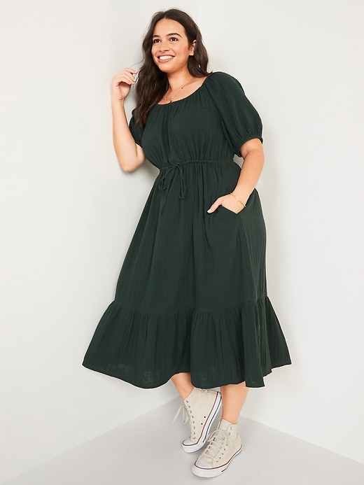 Image number 1 showing, Puff-Sleeve Scoop-Neck Waist-Defined Midi Dress