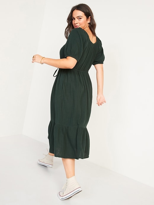Image number 2 showing, Puff-Sleeve Scoop-Neck Waist-Defined Midi Dress