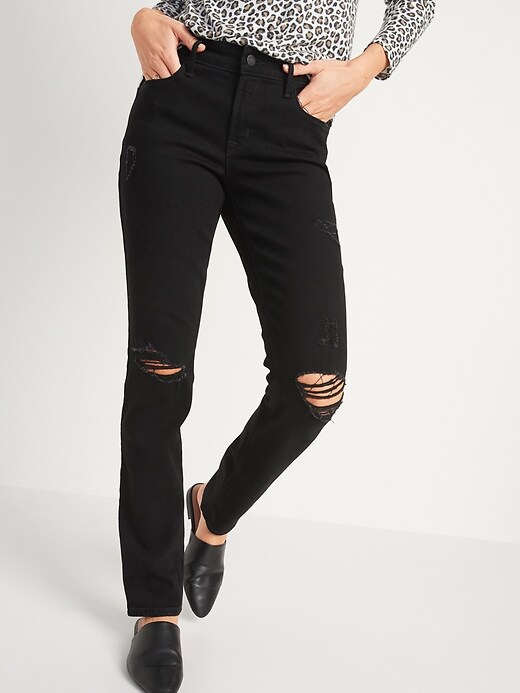 Image number 5 showing, Mid-Rise Power Slim Straight Black Ripped Jeans for Women