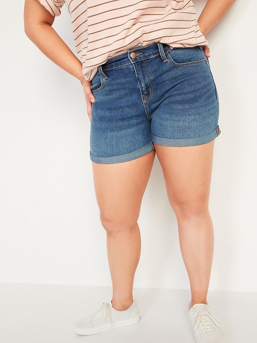Image number 1 showing, Mid-Rise Dark-Wash Jean Shorts -- 3-inch inseam