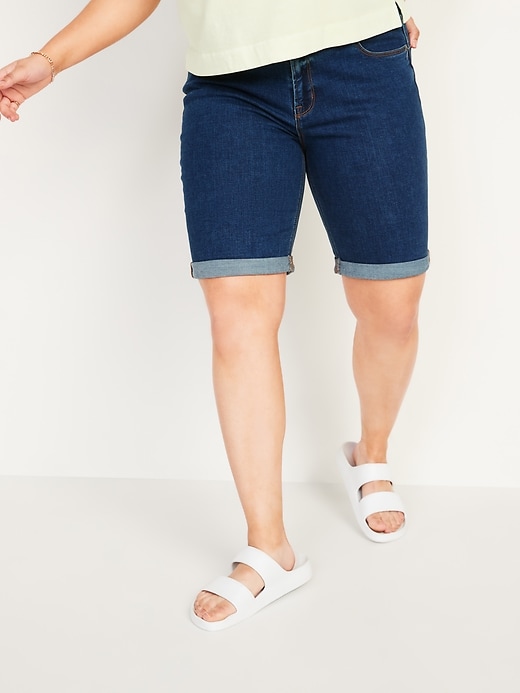 Image number 1 showing, Mid-Rise Dark-Wash Bermuda Jean Shorts -- 9-inch inseam