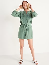 View large product image 3 of 3. Long-Sleeve Utility Romper -- 3.5-inch inseam