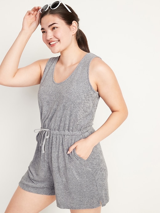 Image number 1 showing, Waist-Defined Sleeveless Performance Terry Romper -- 3-inch inseam