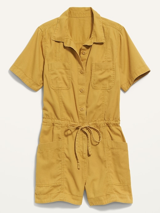 View large product image 2 of 3. Waist-Defined Short-Sleeve Specially-Dyed Utility Romper -- 3.5-inch inseam