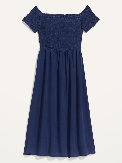View large product image 2 of 2. Smocked Off-the-Shoulder Chambray Fit & Flare Midi Dress