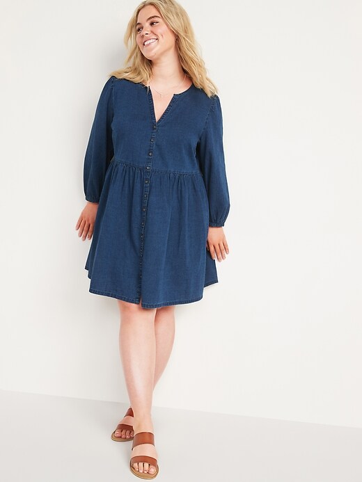 Image number 4 showing, Long-Sleeve Fit & Flare Jean Mini Dress for Women