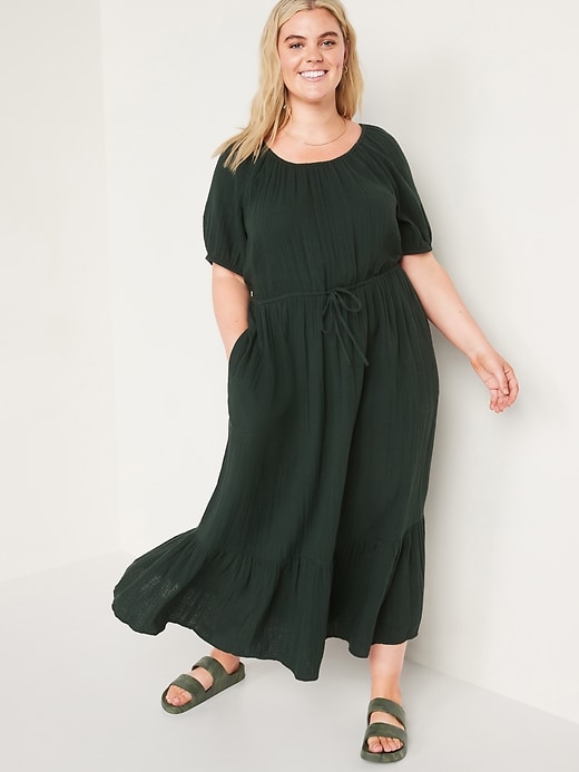 Image number 6 showing, Puff-Sleeve Scoop-Neck Waist-Defined Midi Dress
