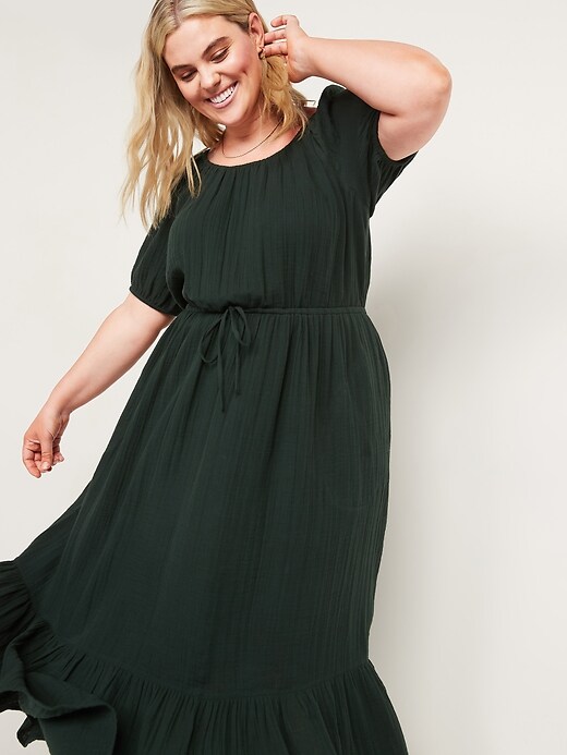 Image number 3 showing, Puff-Sleeve Scoop-Neck Waist-Defined Midi Dress