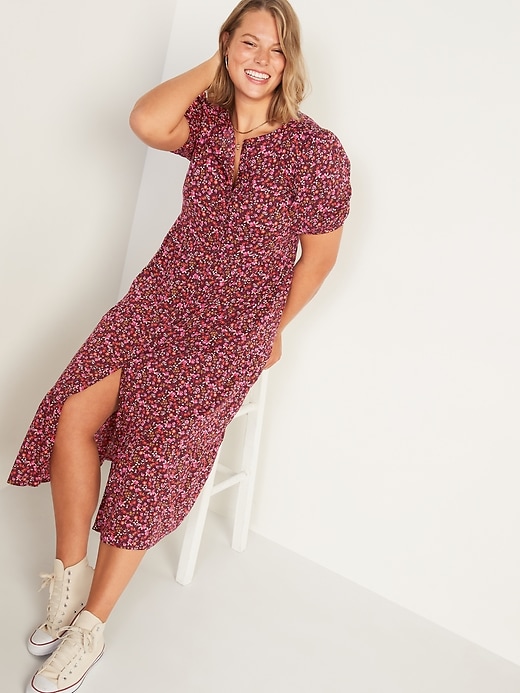 Image number 1 showing, Floral Puff-Sleeve Button-Front Midi Swing Dress