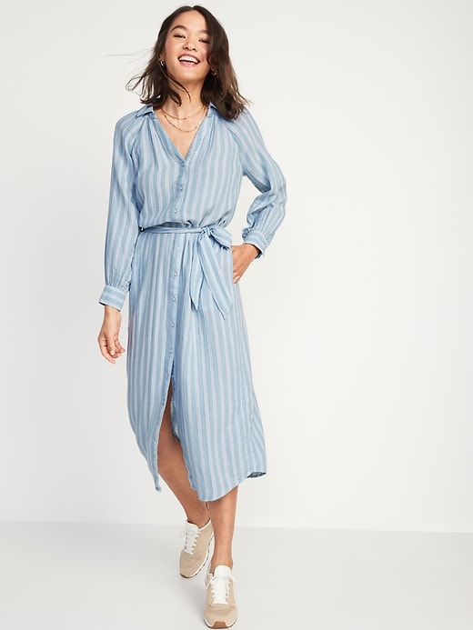 Image number 5 showing, Long-Sleeve Waist-Defined Striped Midi Dress