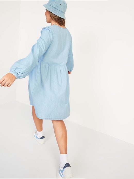Image number 2 showing, Long-Sleeve Fit & Flare Chambray Mini Dress
