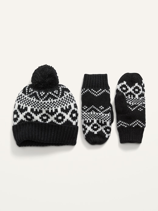 View large product image 1 of 1. Printed Pom-Pom Beanie And Mittens Set For Women