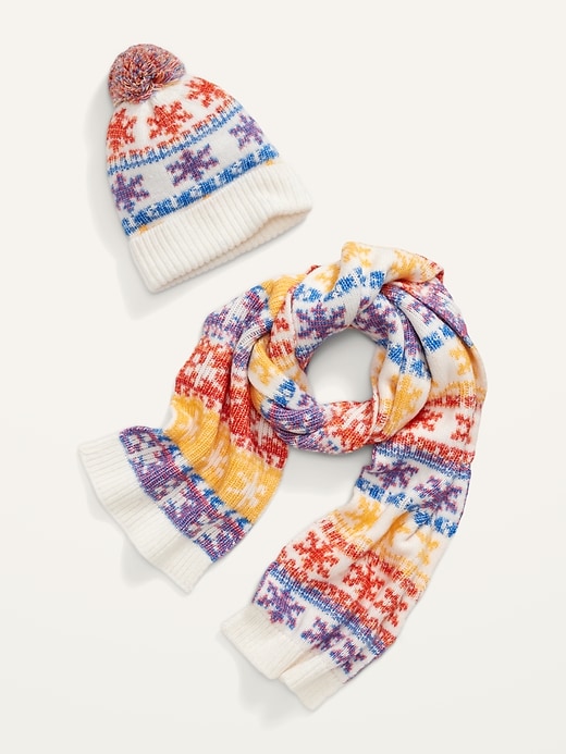 View large product image 1 of 1. 2-Pack Printed Pom-Pom Beanie And Scarf Set For Women