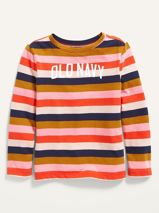 View large product image 1 of 2. Long-Sleeve Striped Logo T-Shirt for Toddler Girls