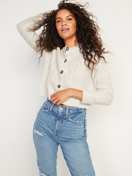 Image number 5 showing, Cropped Cable-Knit Cardigan Sweater